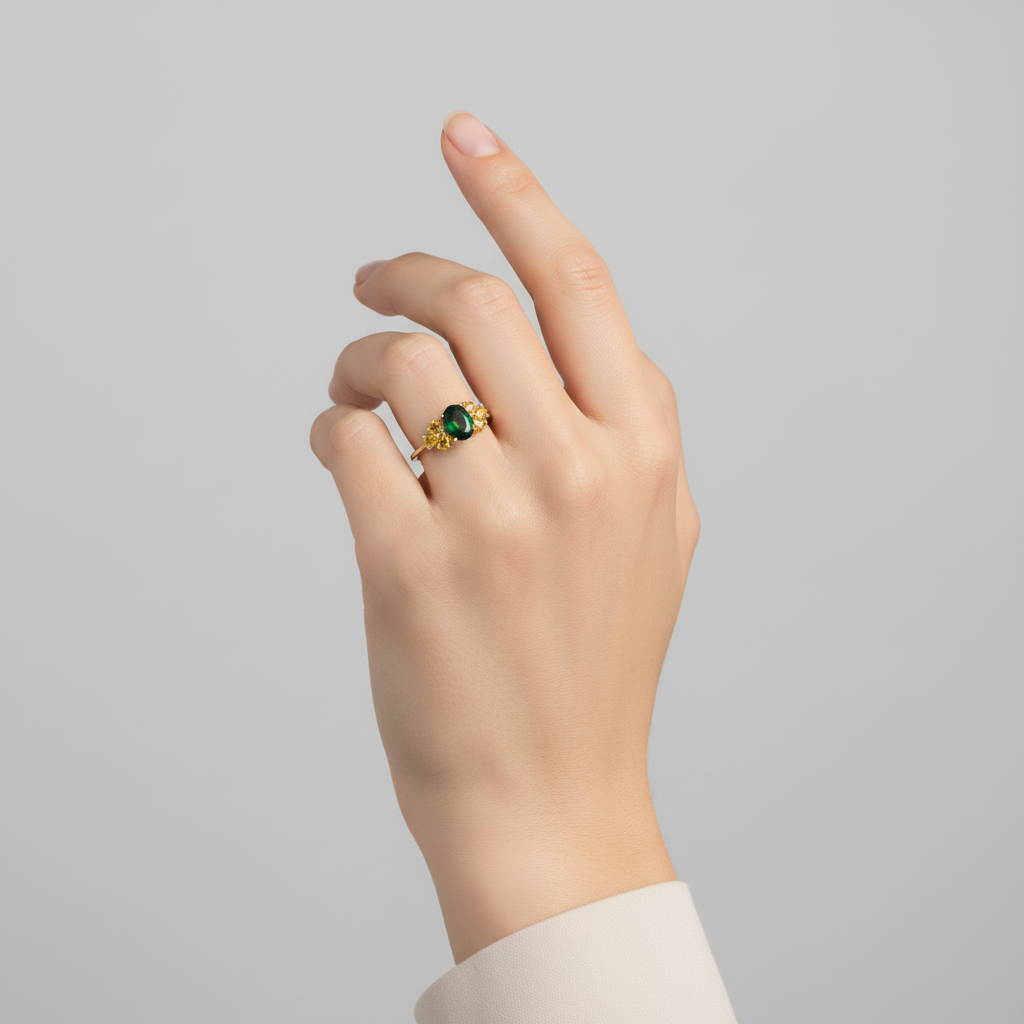 14K Yellow Gold Oval Green & Yellow Sapphire Womens Ring