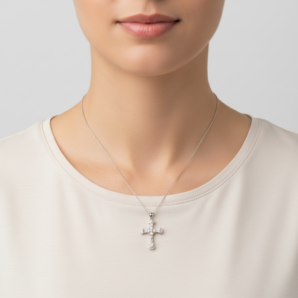 18K White Gold Diamond Cross Pendant - 0.19ct