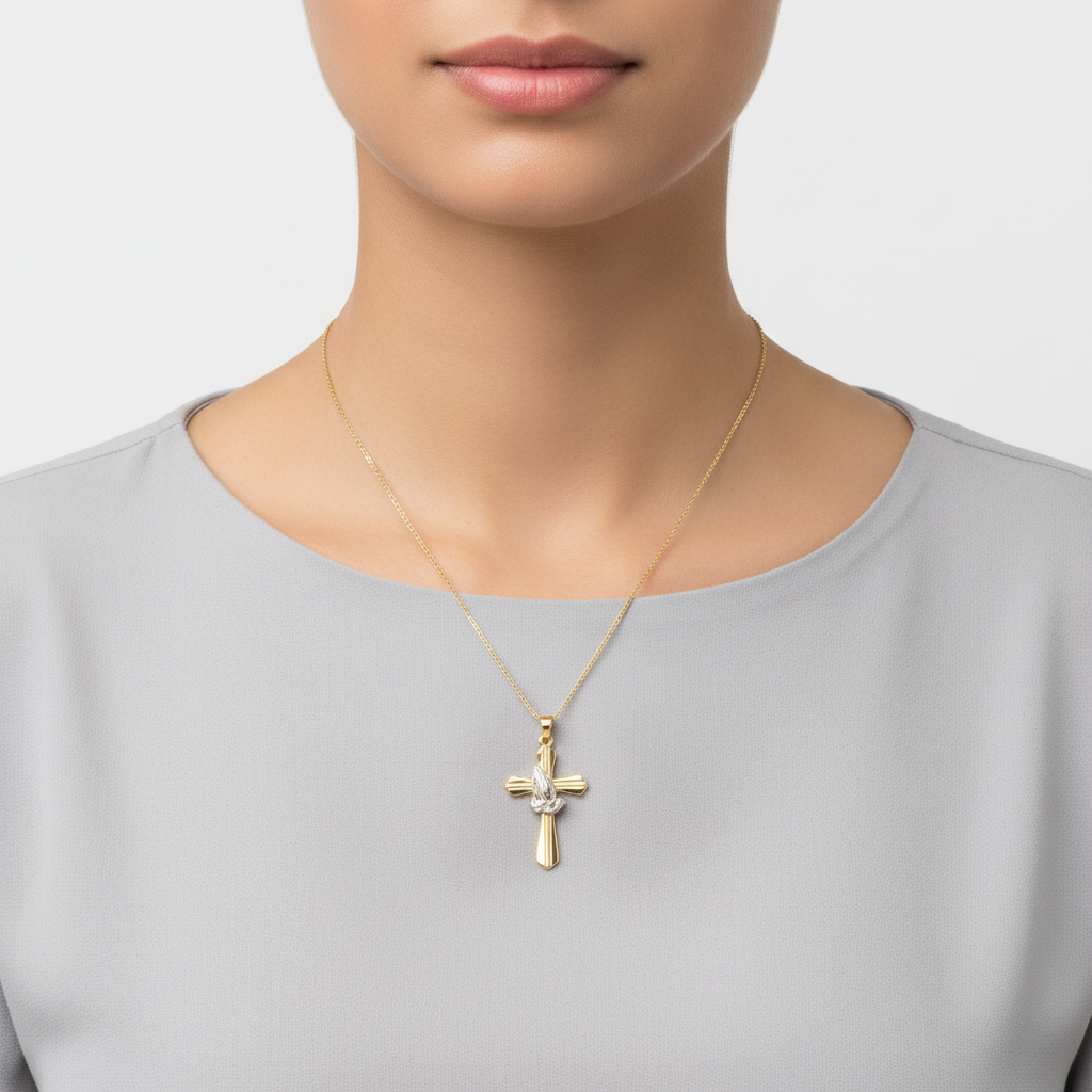 14K Yellow & White Gold Praying Hands Cross Pendant