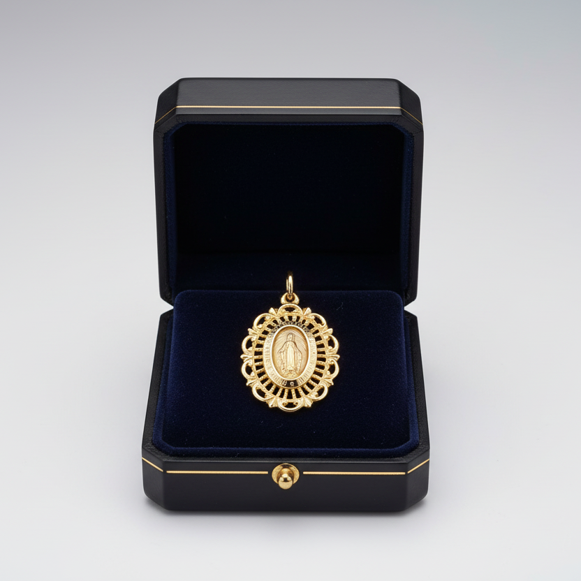 14K Yellow Gold Oval Filigree Religious Pendant