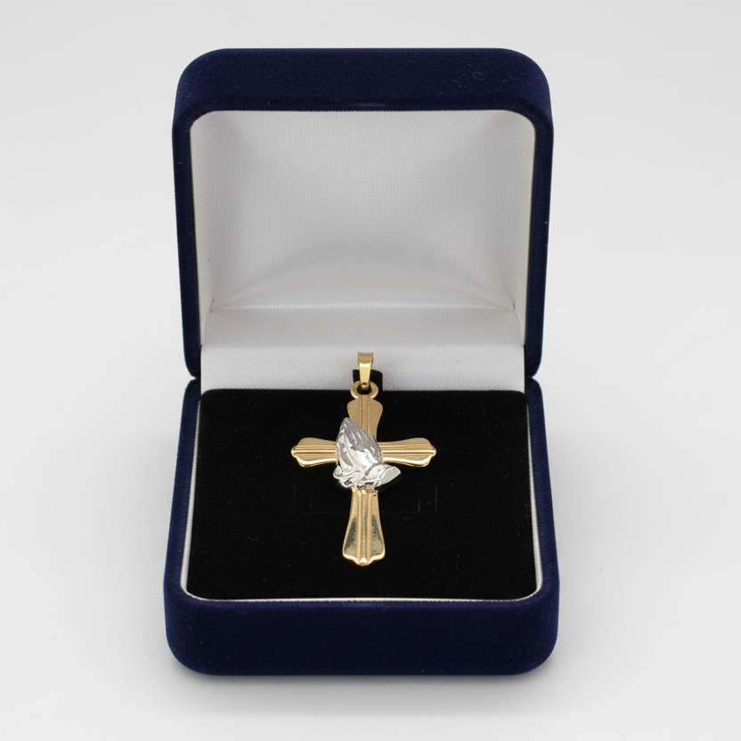 14K Yellow & White Gold Praying Hands Cross Pendant