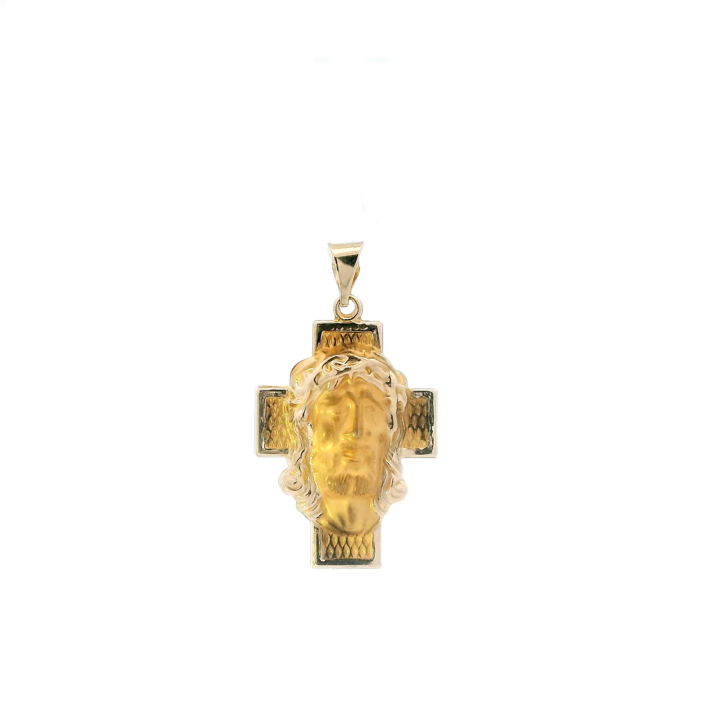 14K Yellow Gold Diamond Cut Jesus Face Cross Pendant