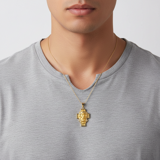 14K Yellow Gold Diamond Cut Jesus Face Cross Pendant
