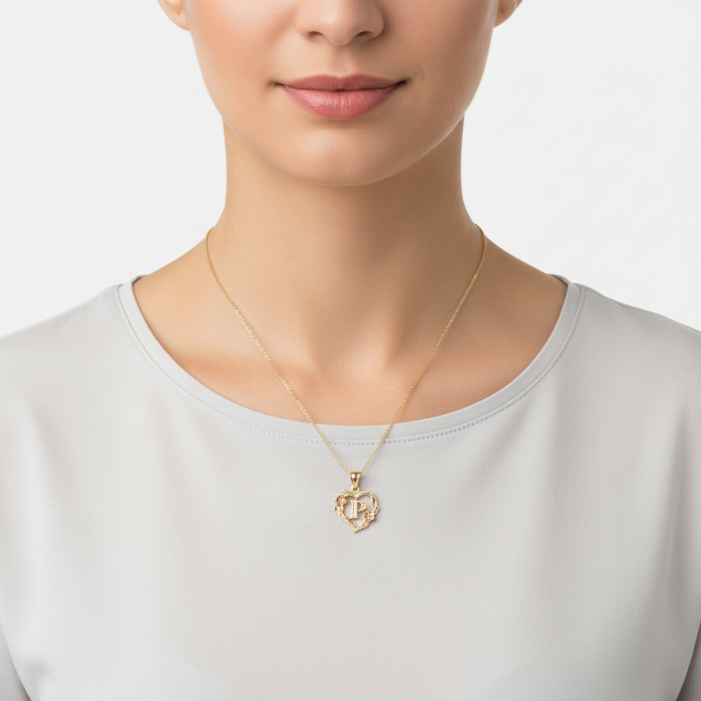 14K Yellow & Rose Gold Diamond Cut Letter "P" Heart & Flower Pendant