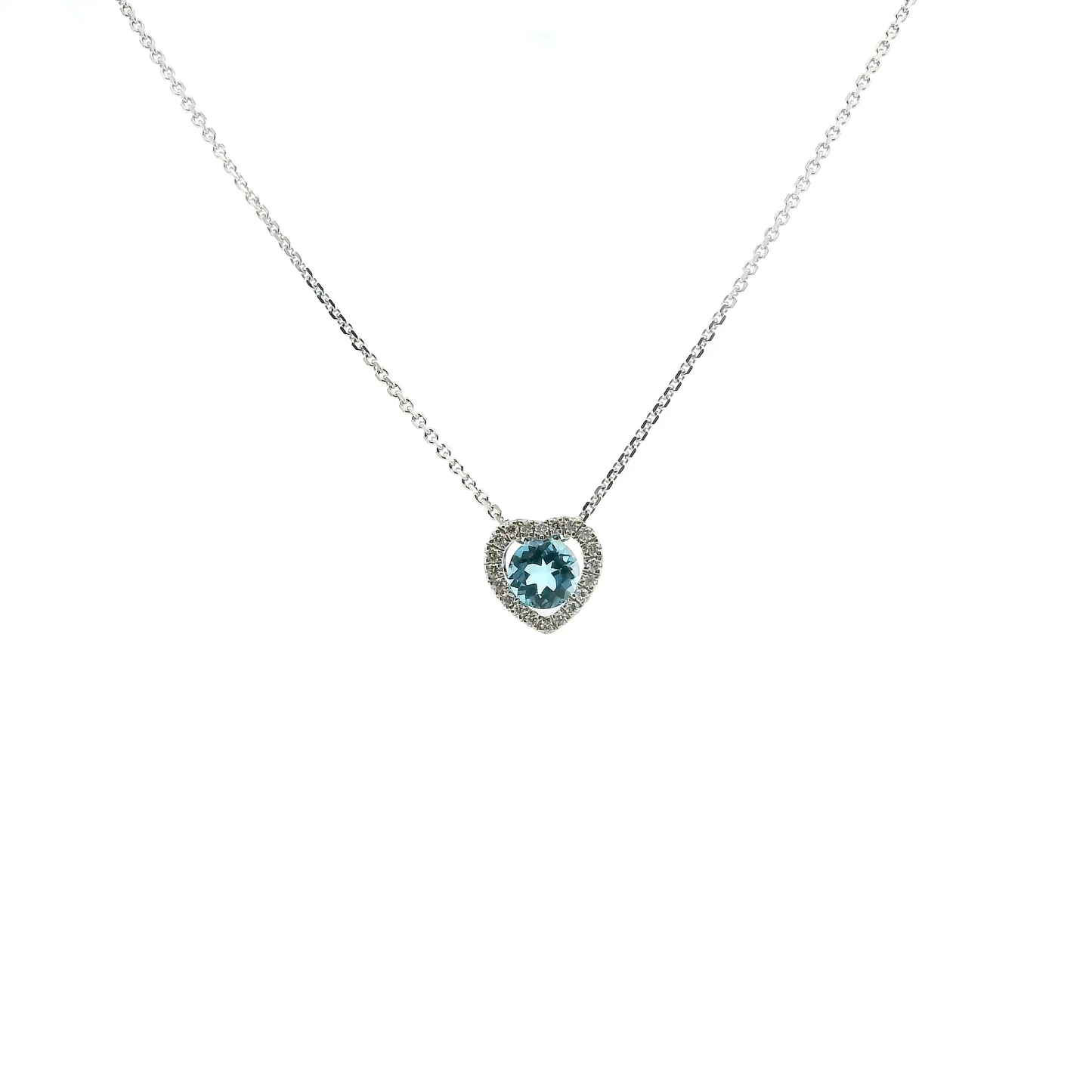 14K White Gold Blue Topaz & Diamonds Heart Pendant & 17" Cable Link Chain