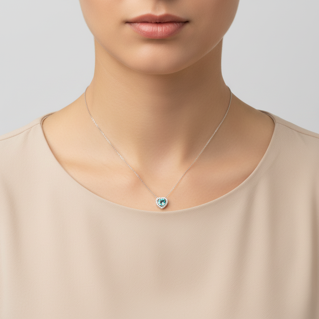 14K White Gold Blue Topaz & Diamonds Heart Pendant & 17