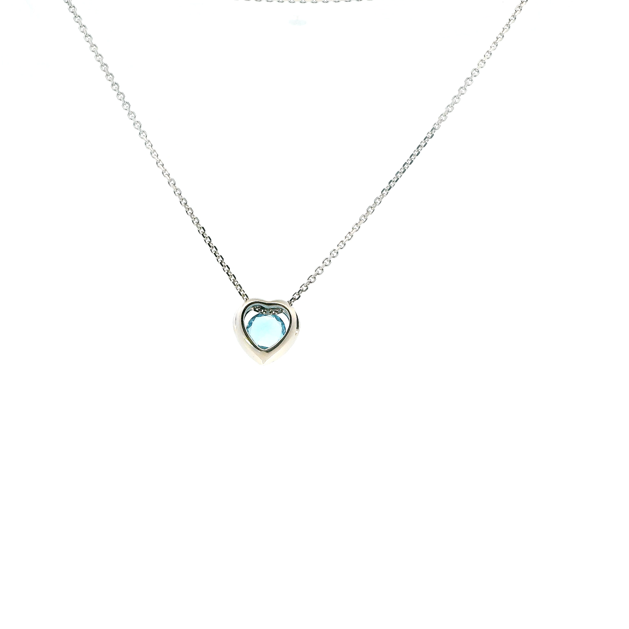 14K White Gold Blue Topaz & Diamonds Heart Pendant & 17