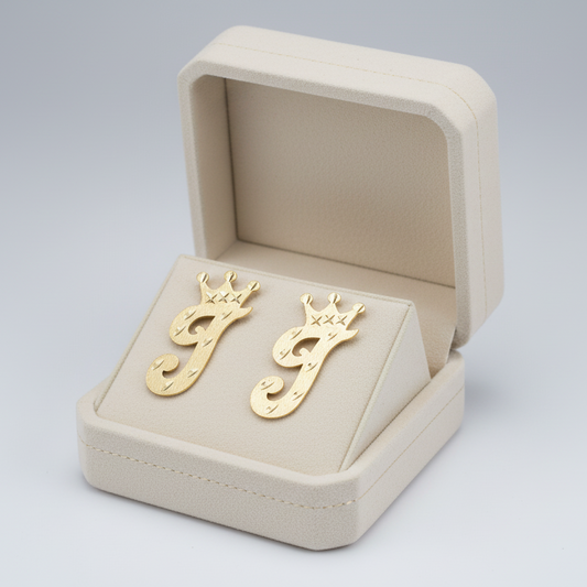 10K Yellow Gold Diamond Cut Letter "J" Crown Stud Earrings