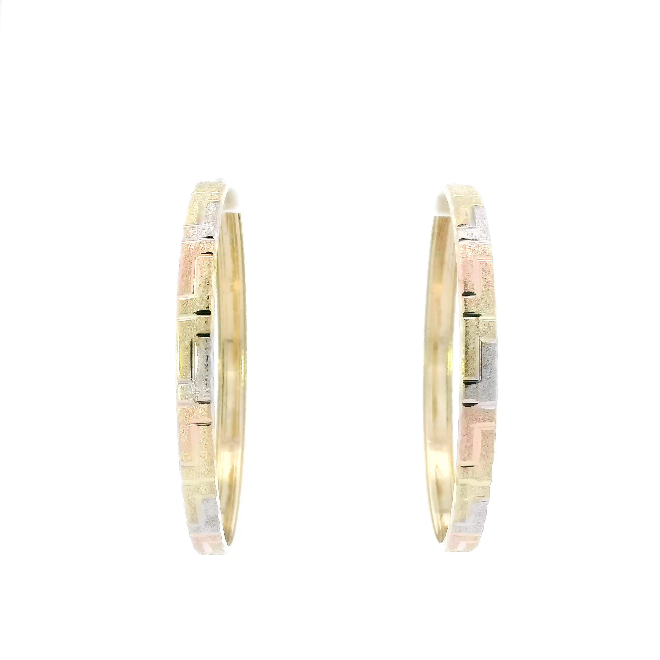 14K Tri Color Gold Greek Design Hoop Earrings