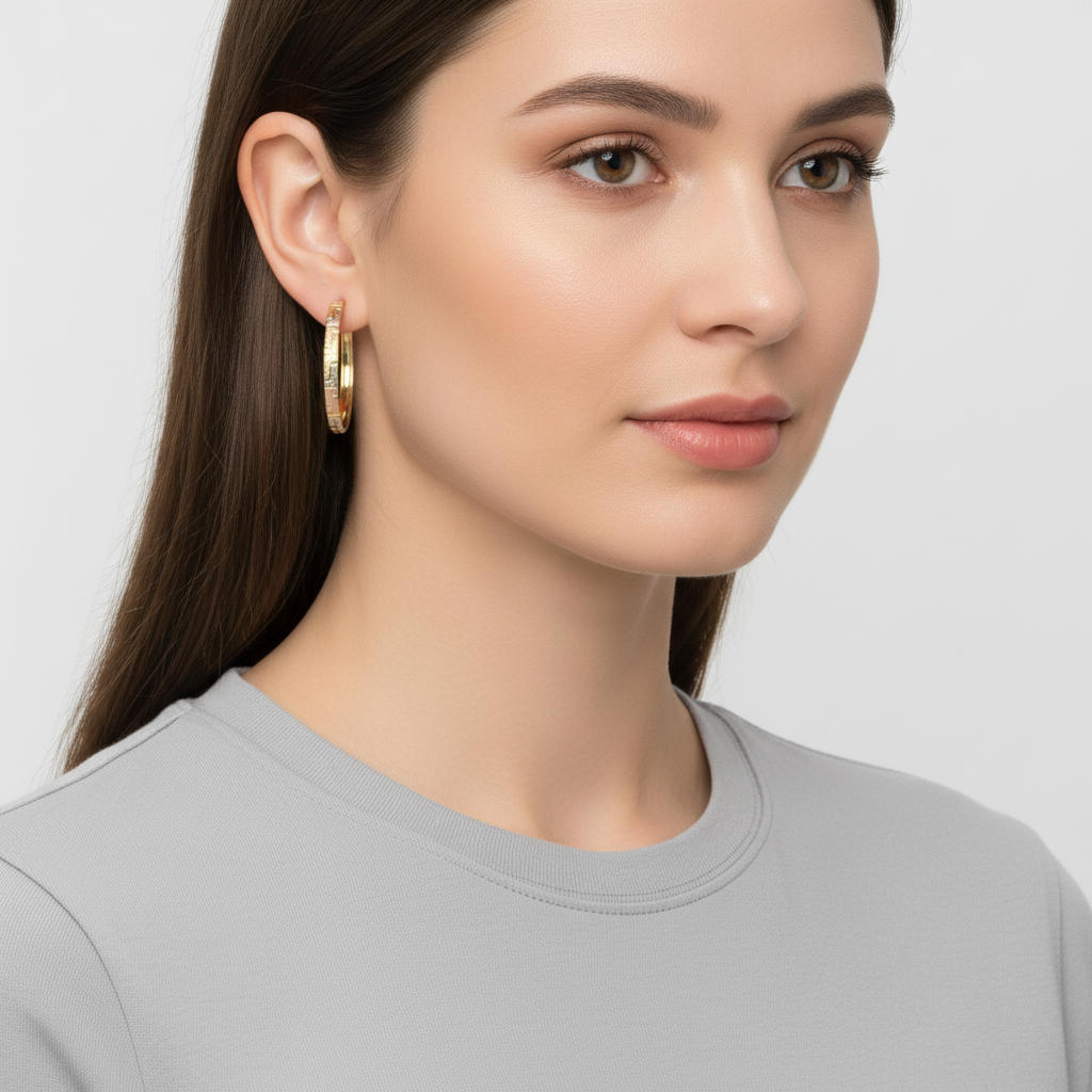 14K Tri Color Gold Greek Design Hoop Earrings