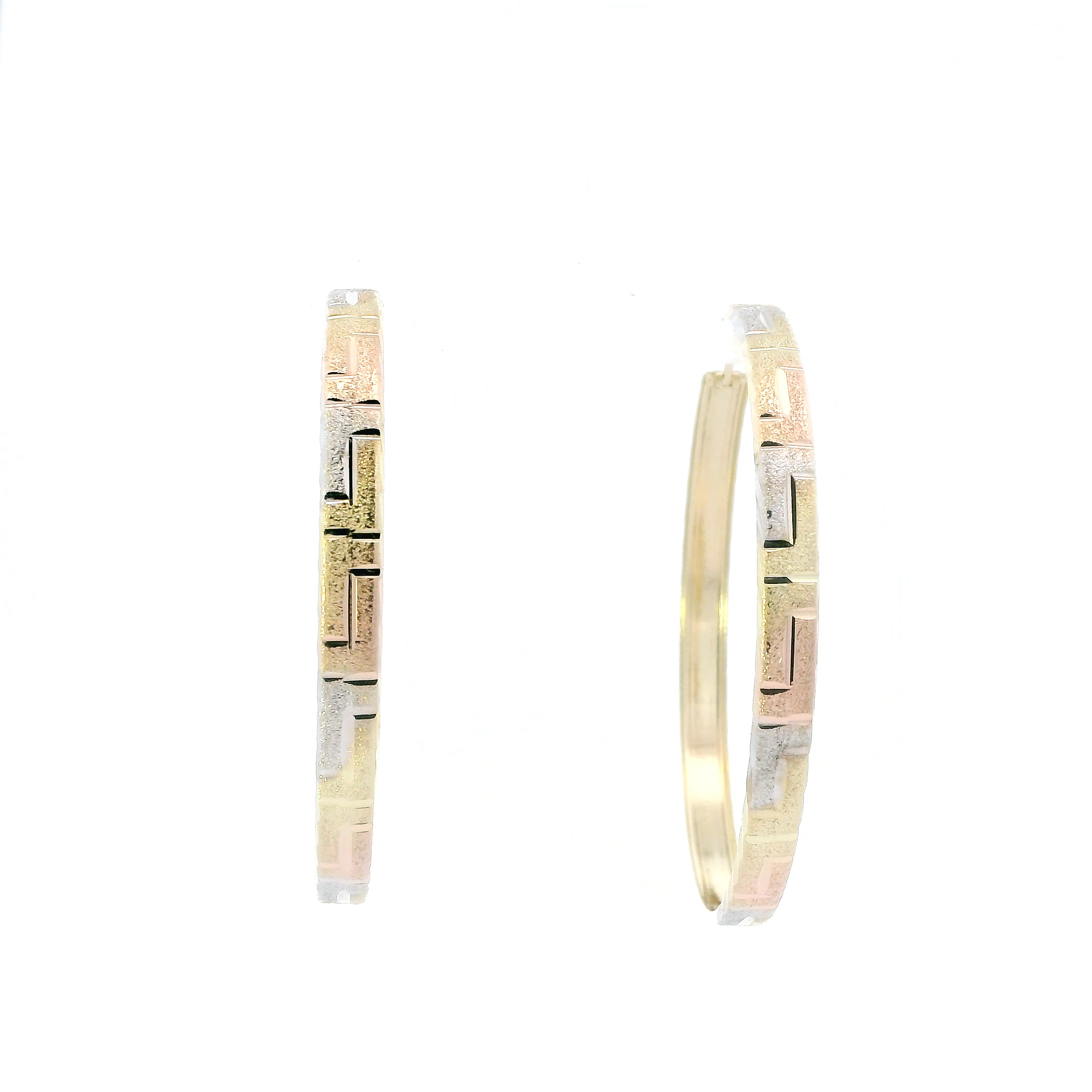 14K Tri Color Gold Greek Design Hoop Earrings