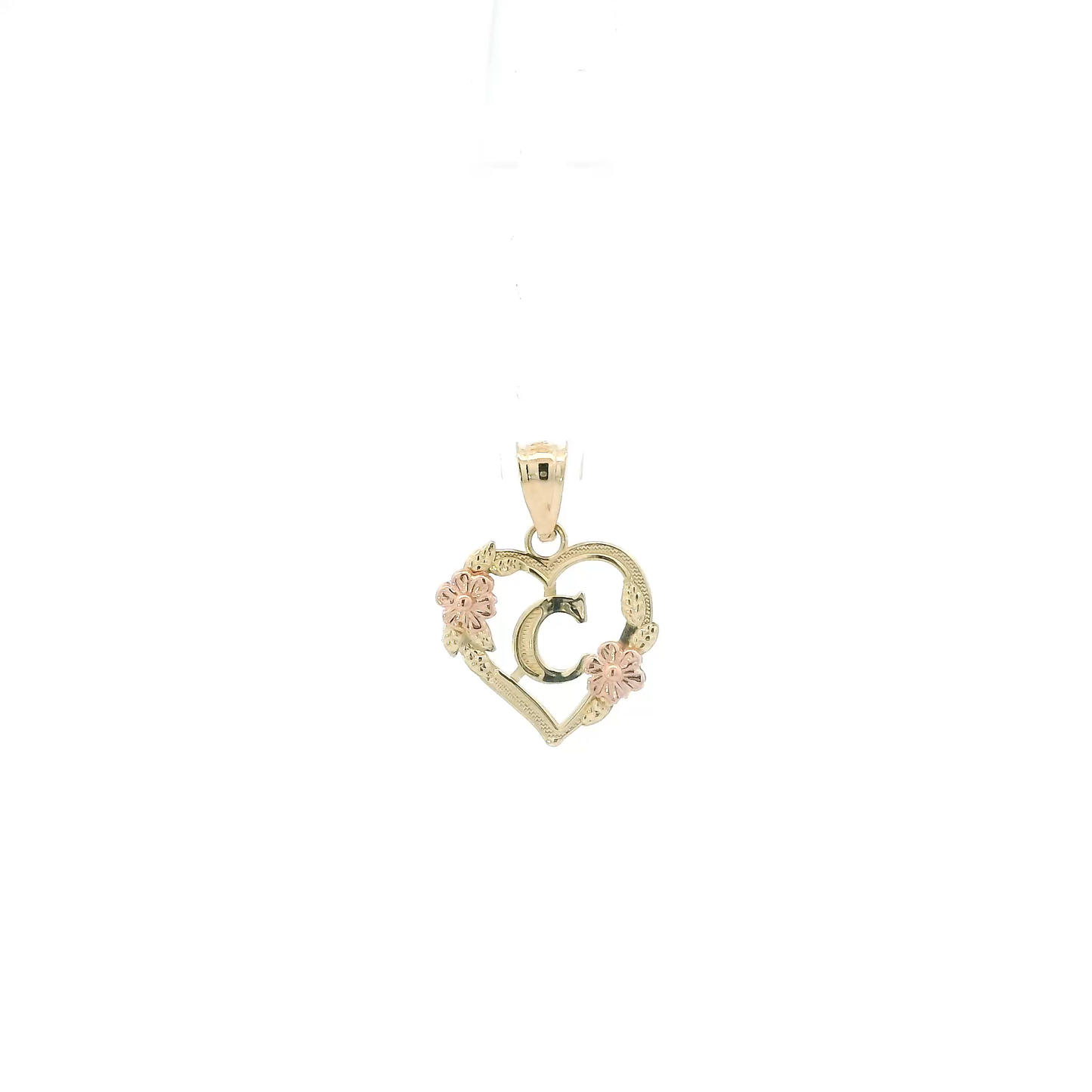 14K Yellow & White Gold Letter "C" Heart & Flower Pendant