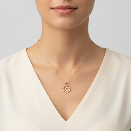 14K Yellow & White Gold Letter "C" Heart & Flower Pendant