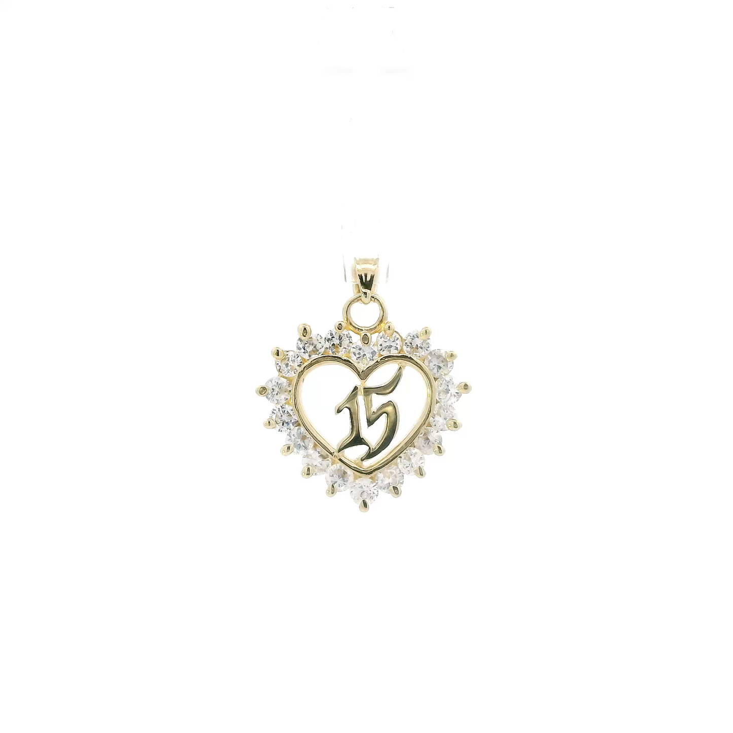 14K Yellow Gold CZ "15" Heart Pendant