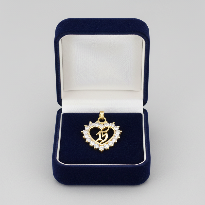 14K Yellow Gold CZ "15" Heart Pendant