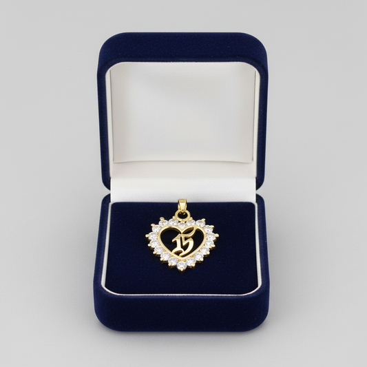 14K Yellow Gold CZ "15" Heart Pendant