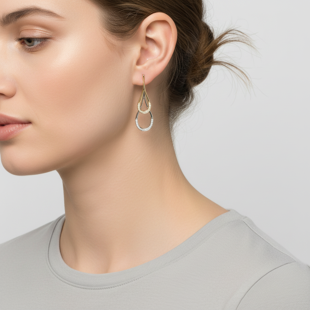 14K Yellow & White Gold Double Teardrop Dangle Earrings