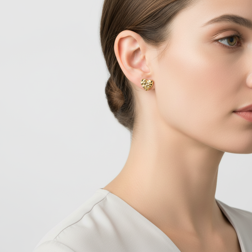 10K Yellow Gold Nugget Heart Stud Earrings