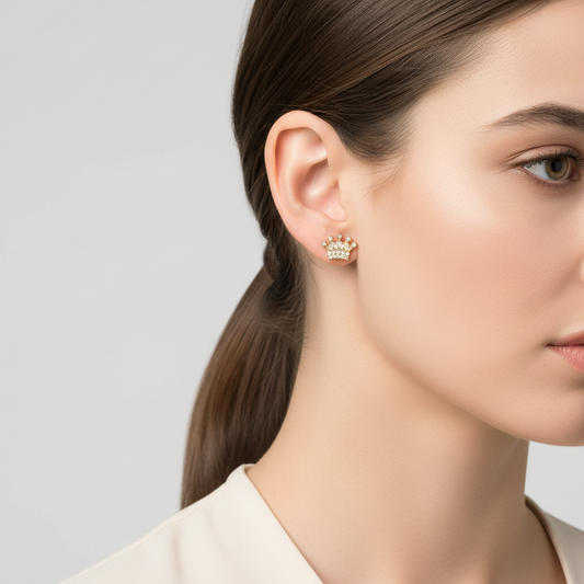 10K Yellow Gold Cz Crown Stud Earrings