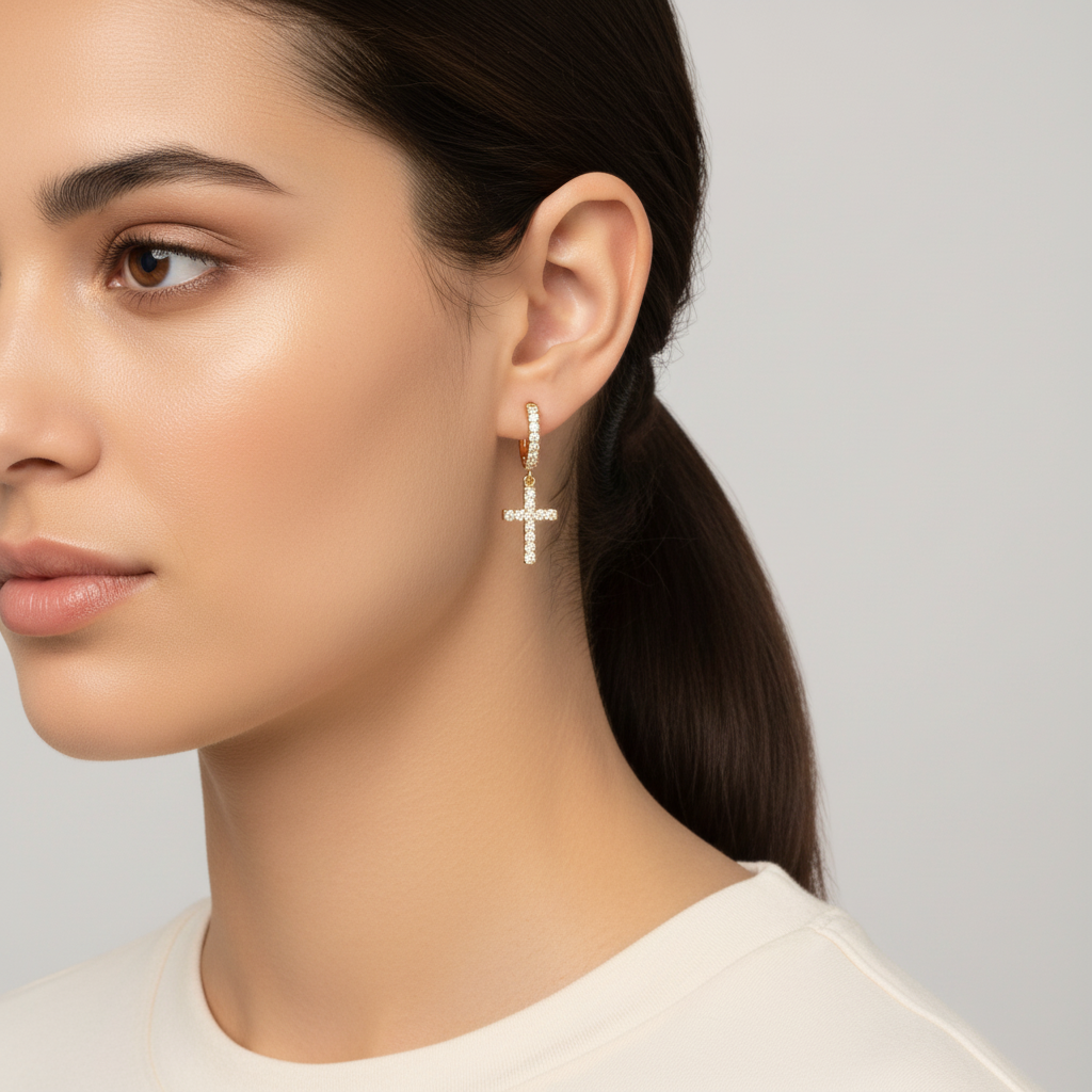 14K Yellow Gold Diamond Hoop & Dangle Cross Earrings - 0.58ct