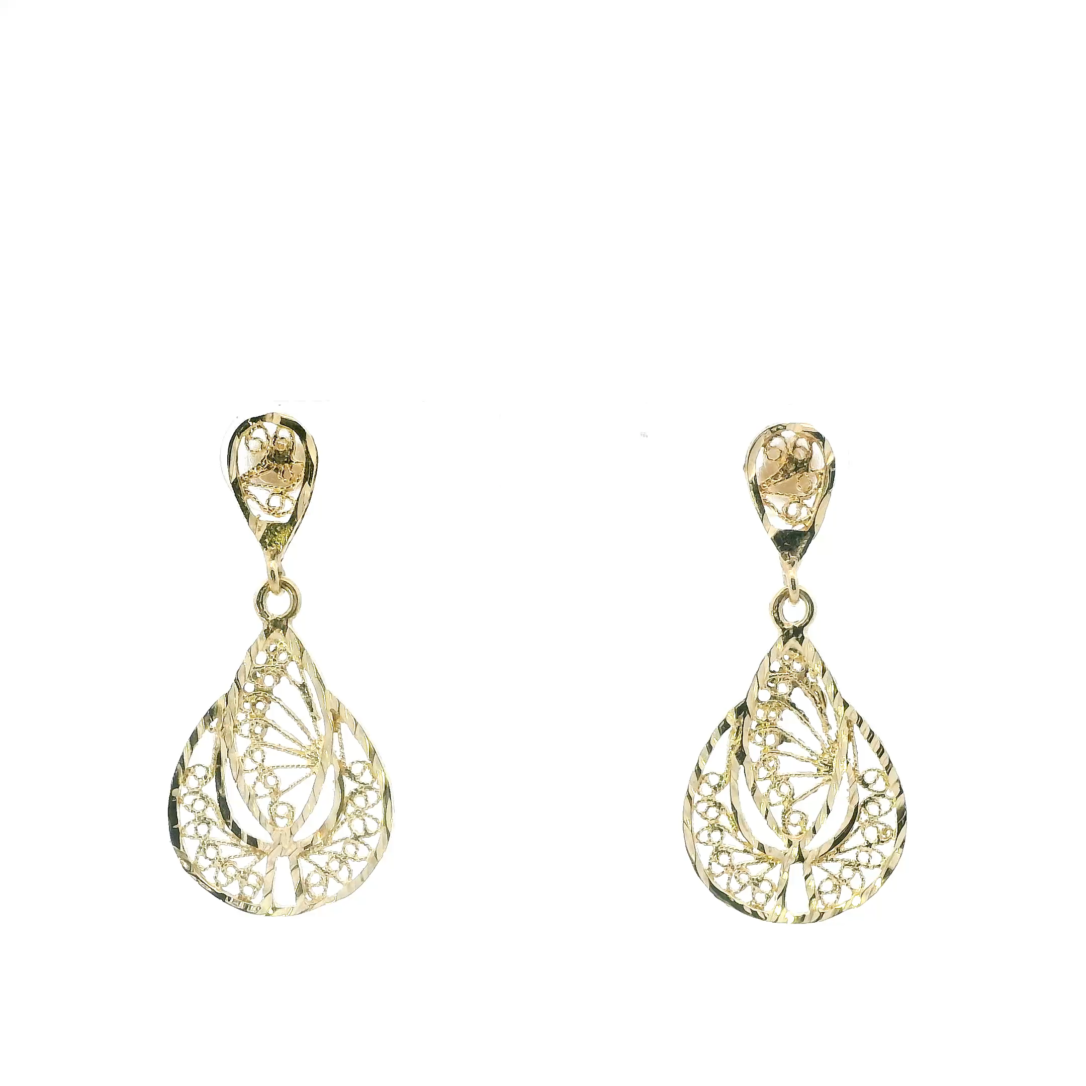 14K Yellow Gold Pear Filigree Dangle Earrings