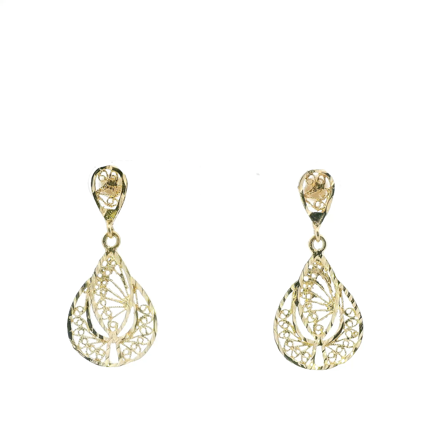 14K Yellow Gold Pear Filigree Dangle Earrings