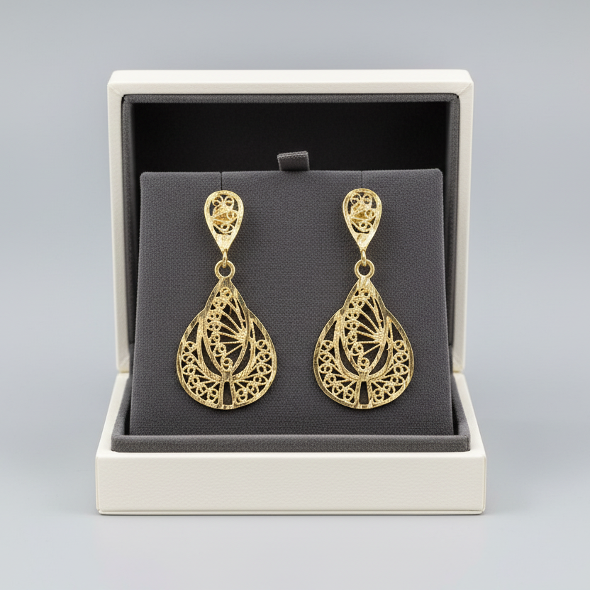14K Yellow Gold Pear Filigree Dangle Earrings