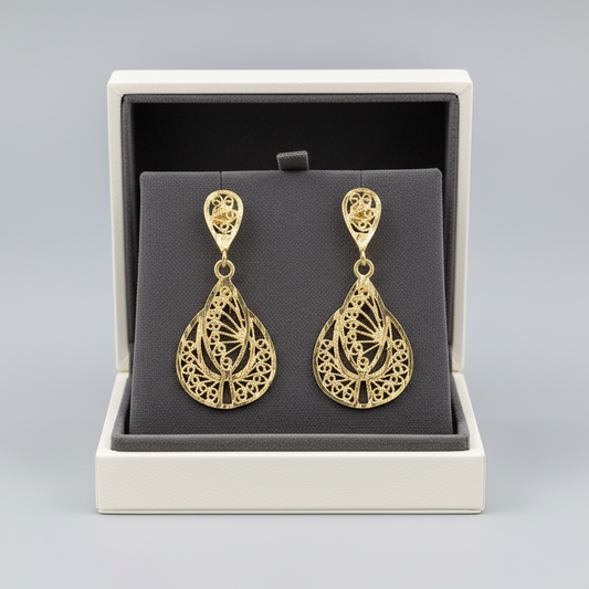 14K Yellow Gold Pear Filigree Dangle Earrings