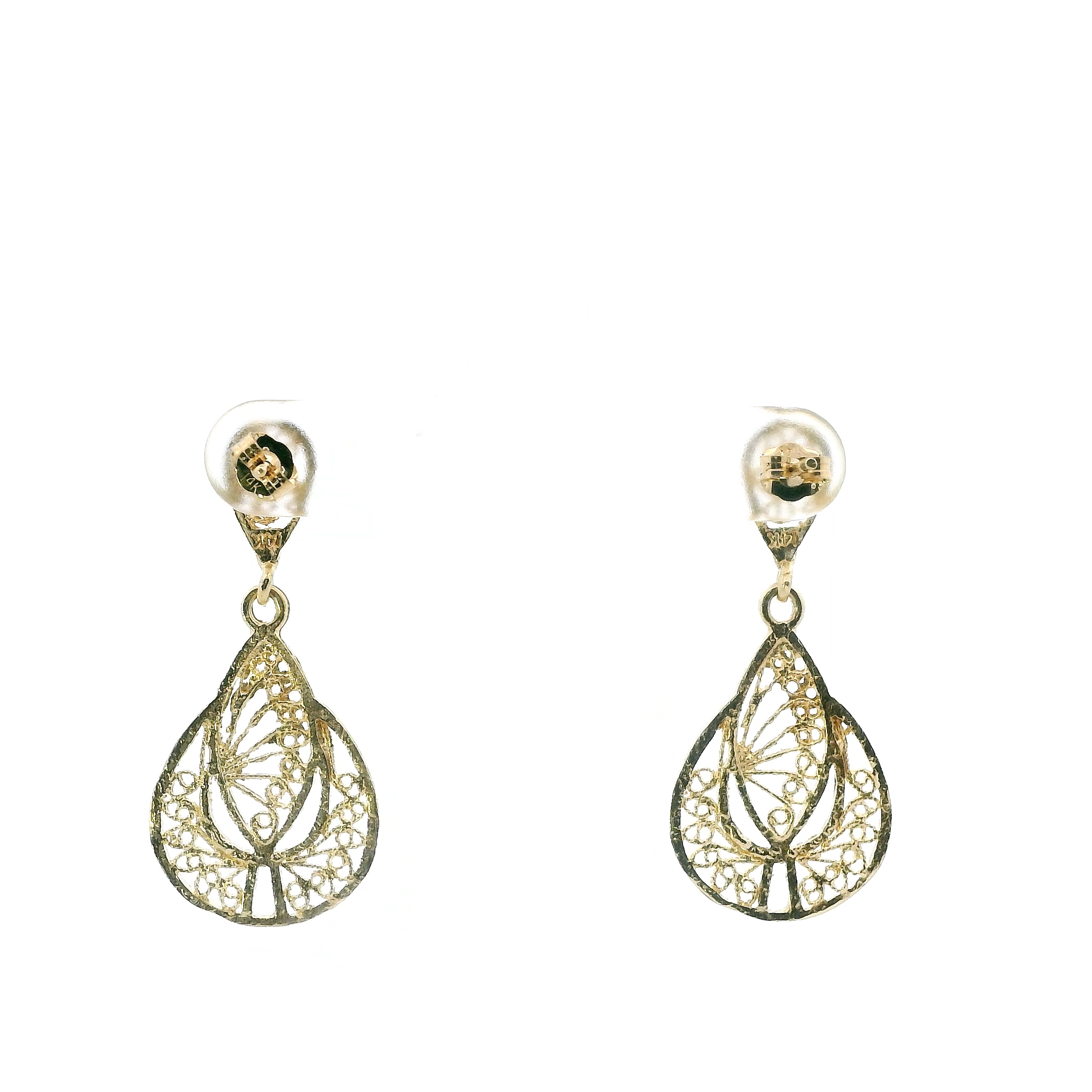 14K Yellow Gold Pear Filigree Dangle Earrings