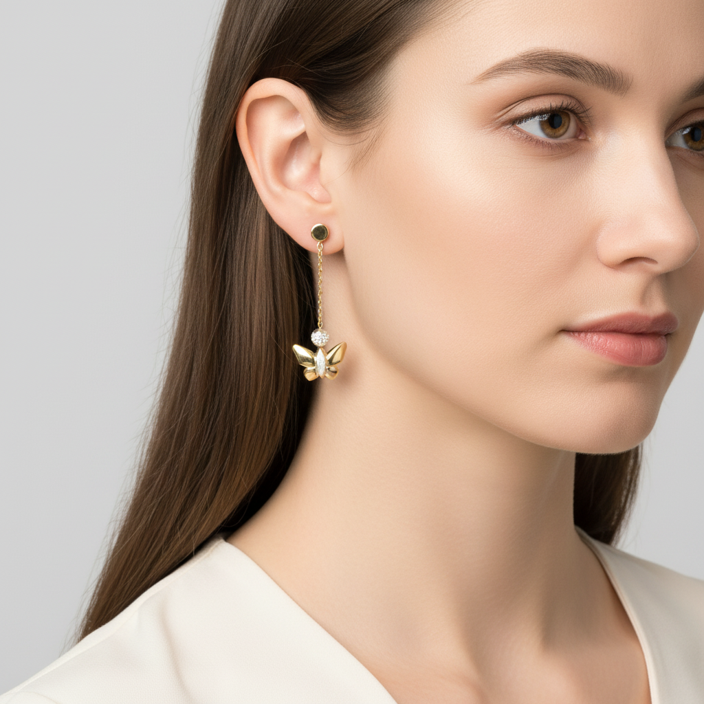 14K Yellow & White Gold Butterfly Dangle Earrings