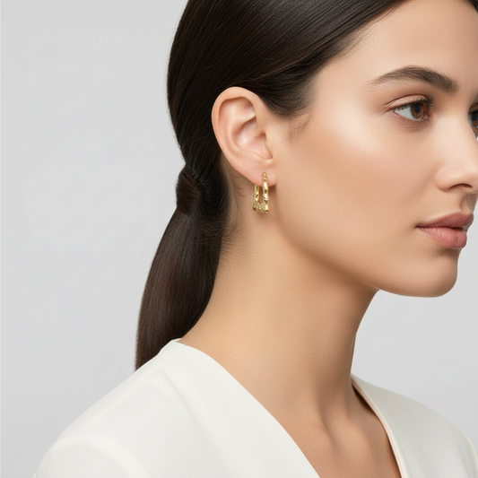 10K Yellow Gold Rectangle Bamboo Hoop Earrings