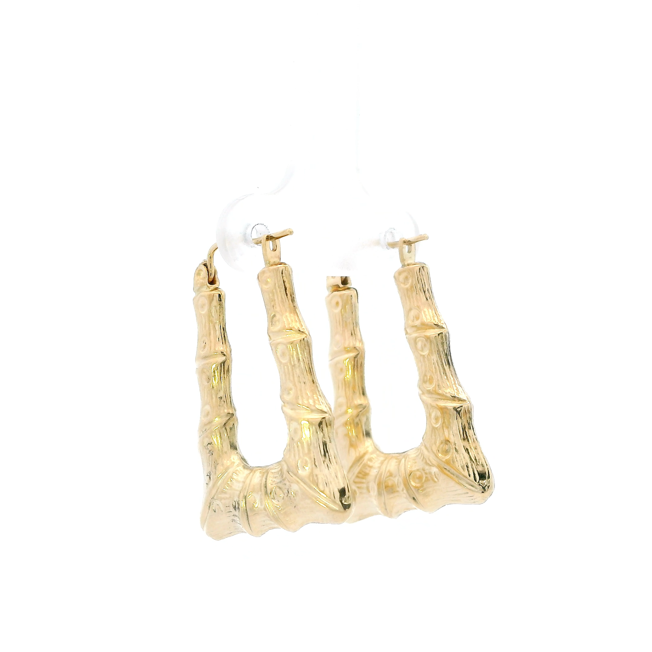 10K Yellow Gold Rectangle Bamboo Hoop Earrings