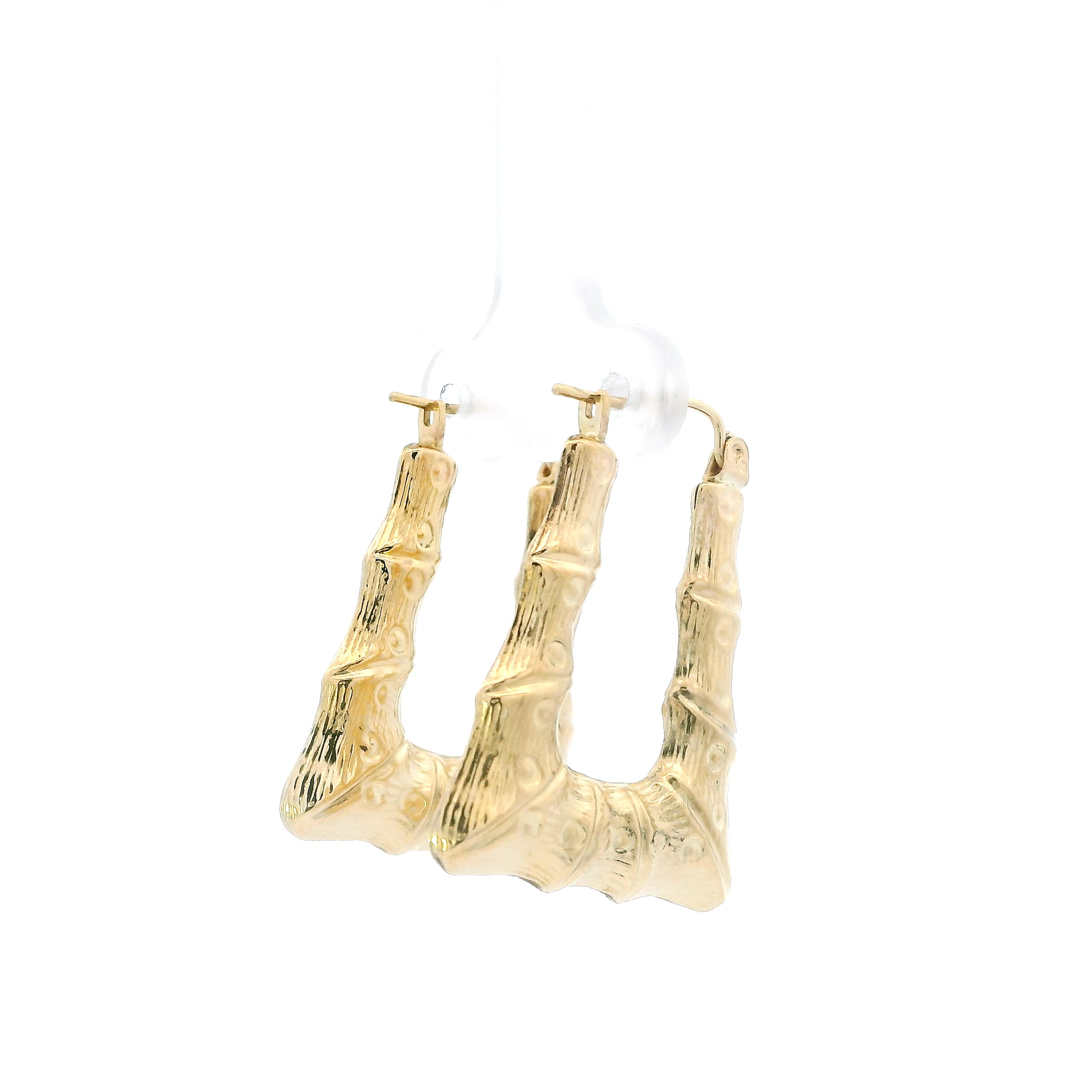 10K Yellow Gold Rectangle Bamboo Hoop Earrings