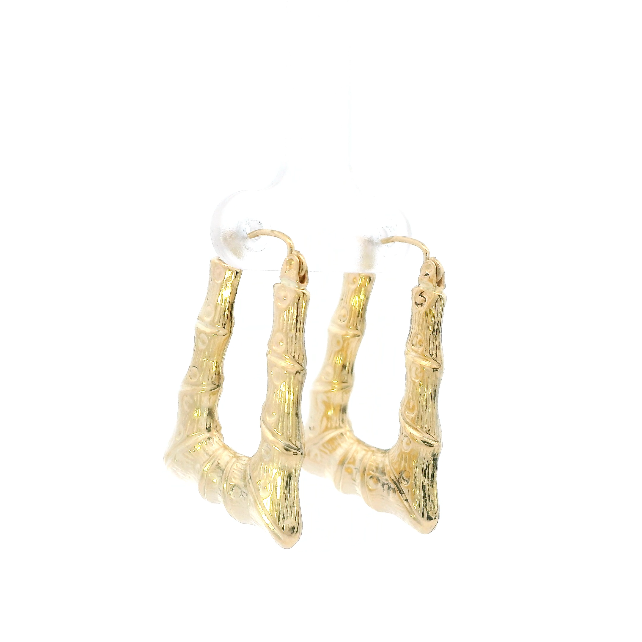 10K Yellow Gold Rectangle Bamboo Hoop Earrings