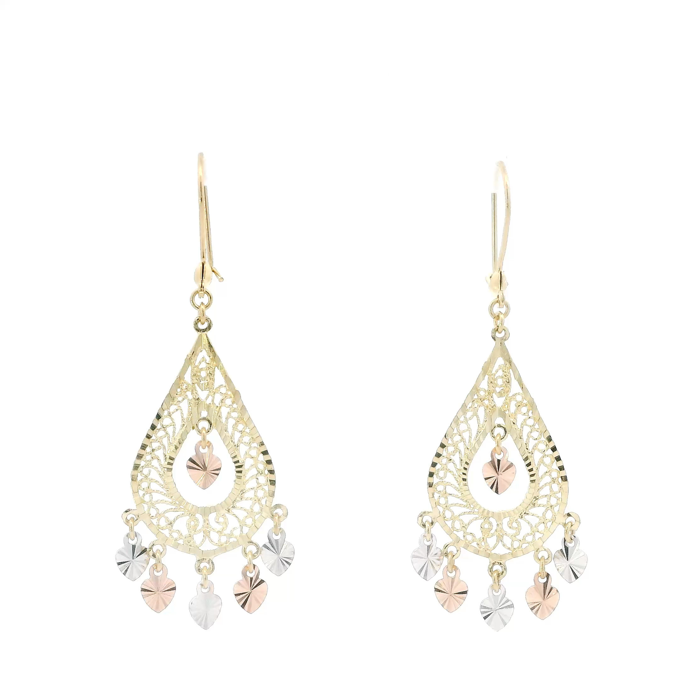 14K Tri Color Gold Filigree Dangle Earrings