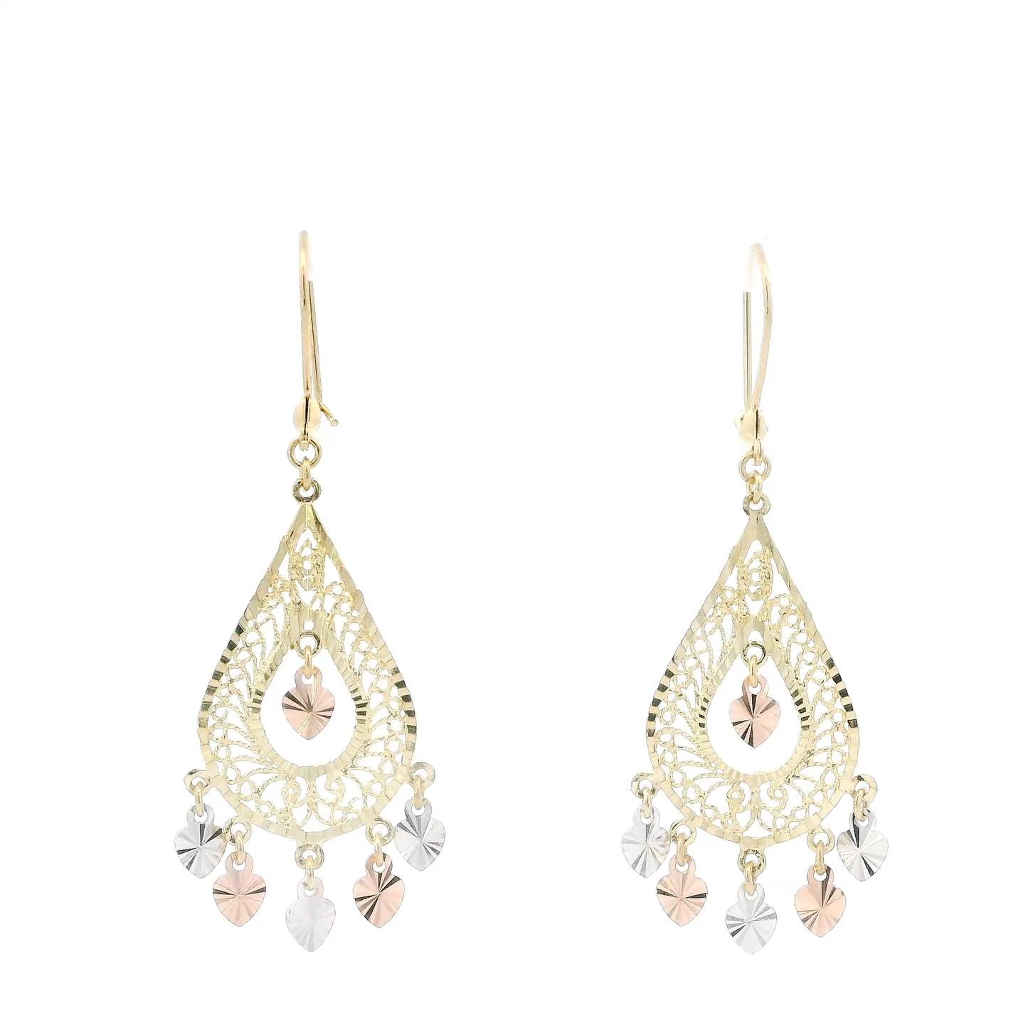 14K Tri Color Gold Filigree Dangle Earrings