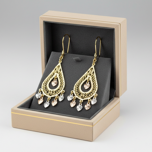 14K Tri Color Gold Filigree Dangle Earrings