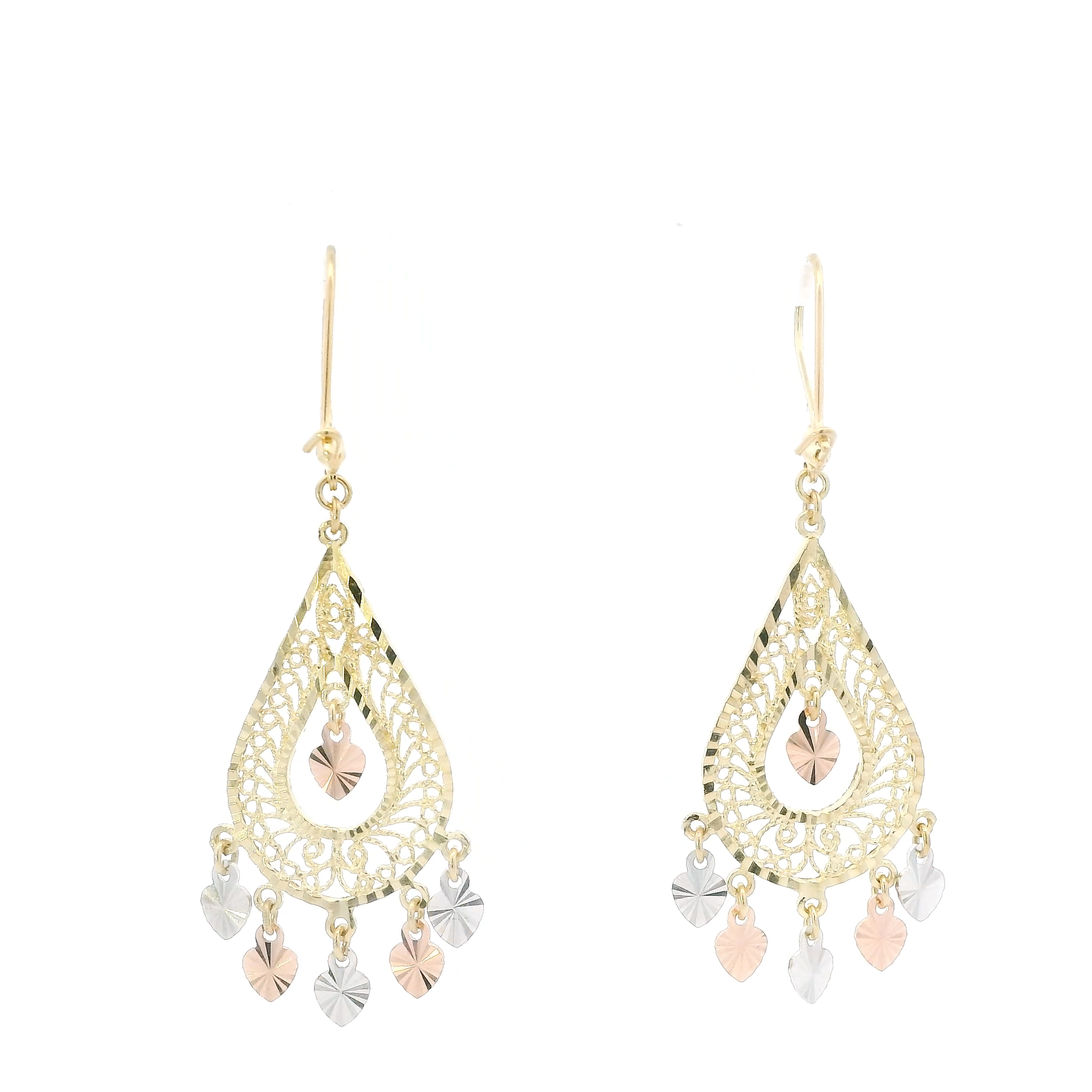 14K Tri Color Gold Filigree Dangle Earrings