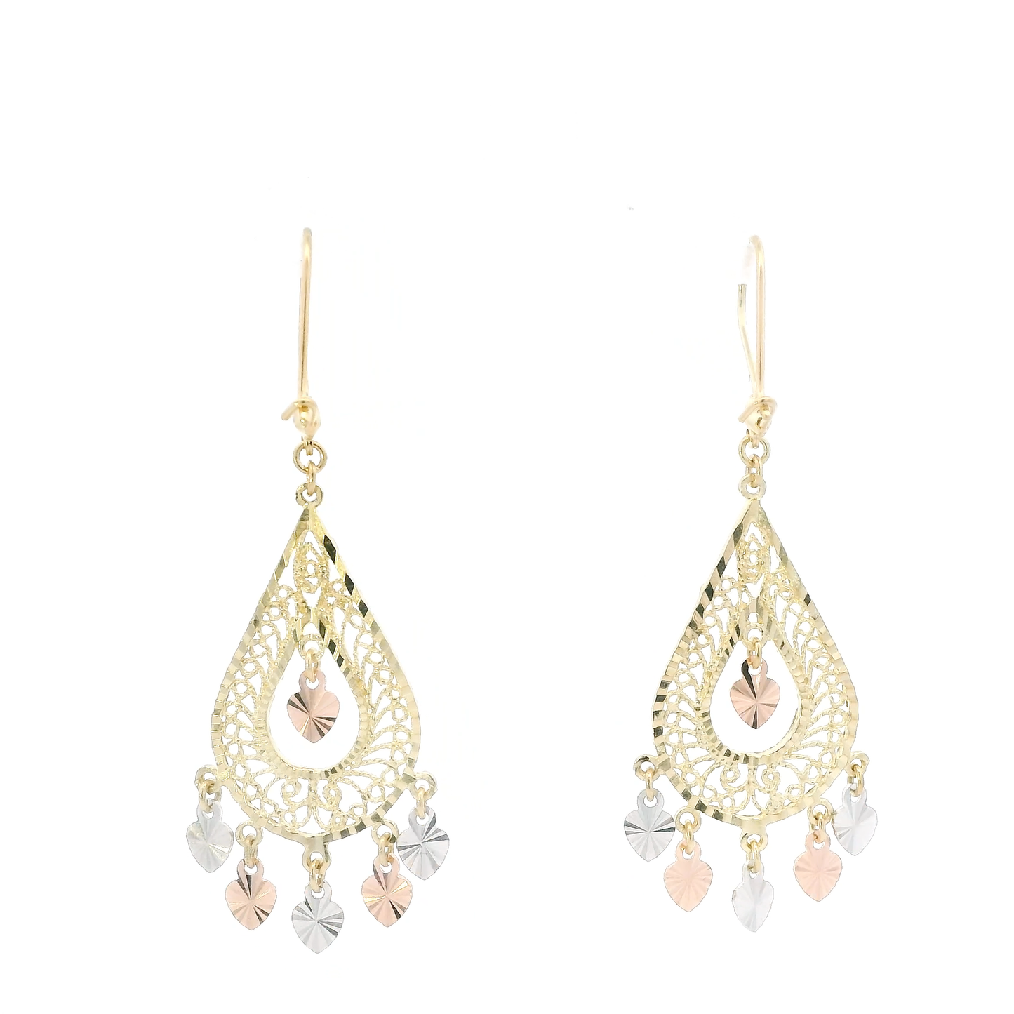 14K Tri Color Gold Filigree Dangle Earrings