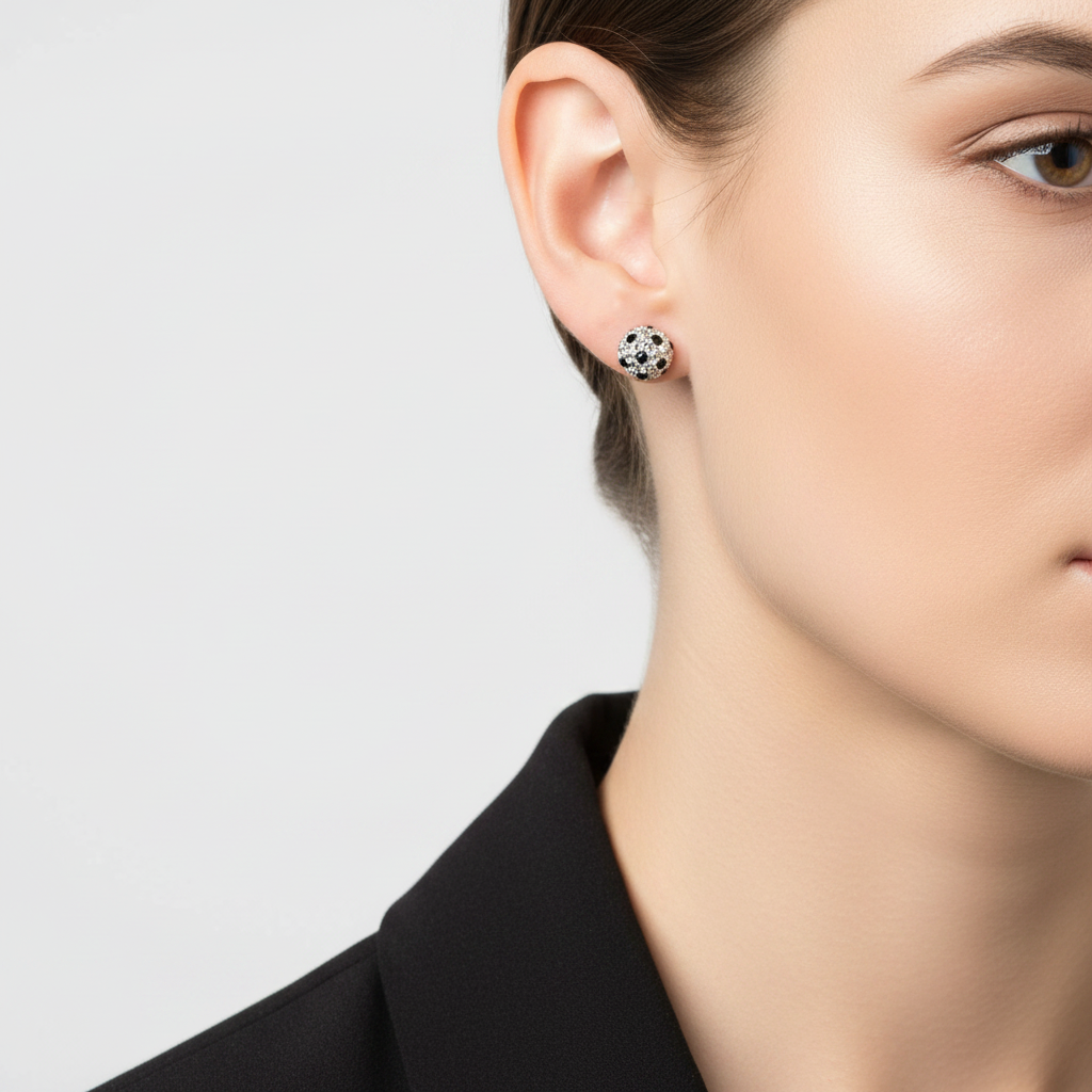 10K Yellow Gold Clear & Black Cz Sparkle Ball Stud Earrings
