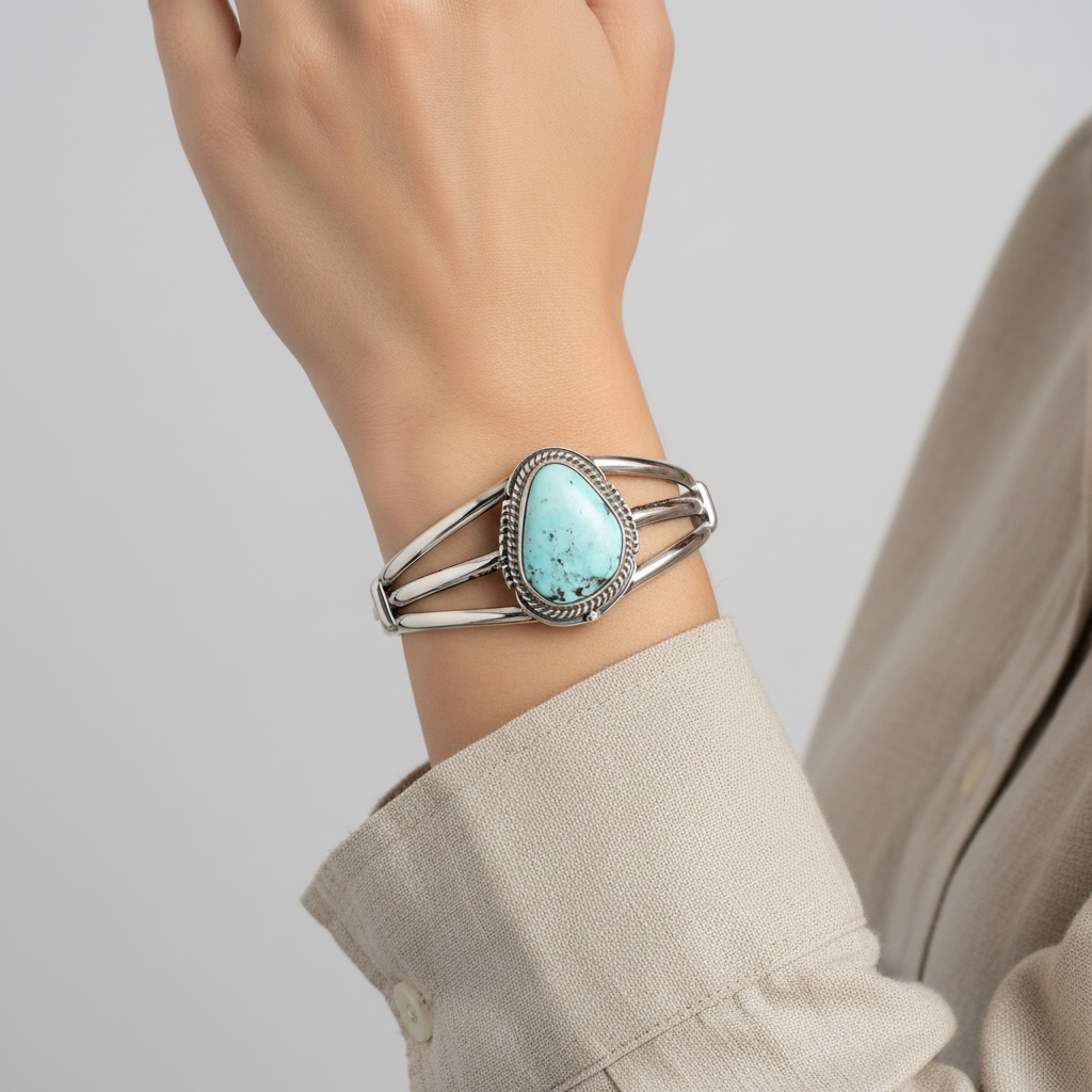 Sterling Silver Bangle Turquoise Cuff Bracelet Signed L.J.