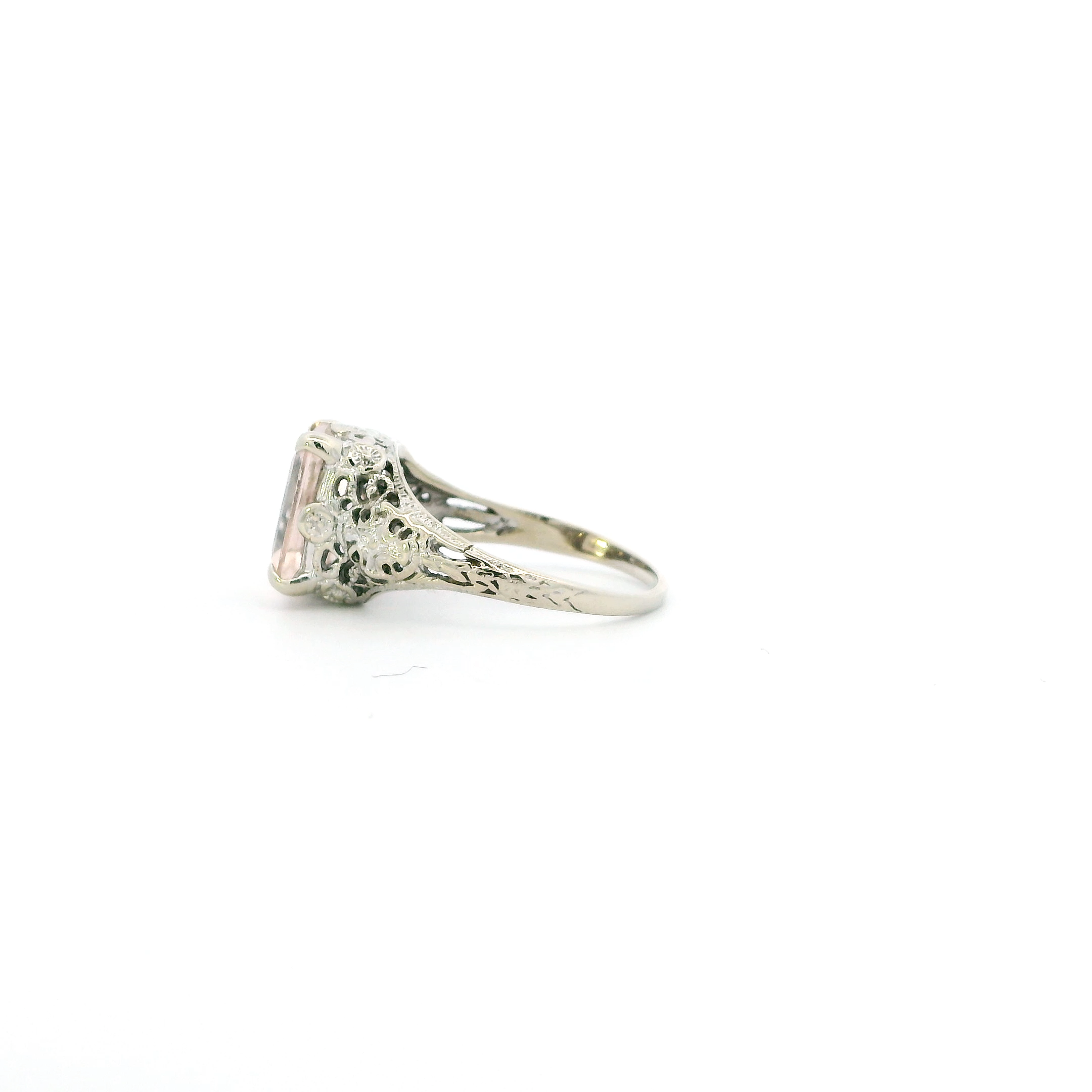 14K White Gold Morganite Filigree Womens Ring