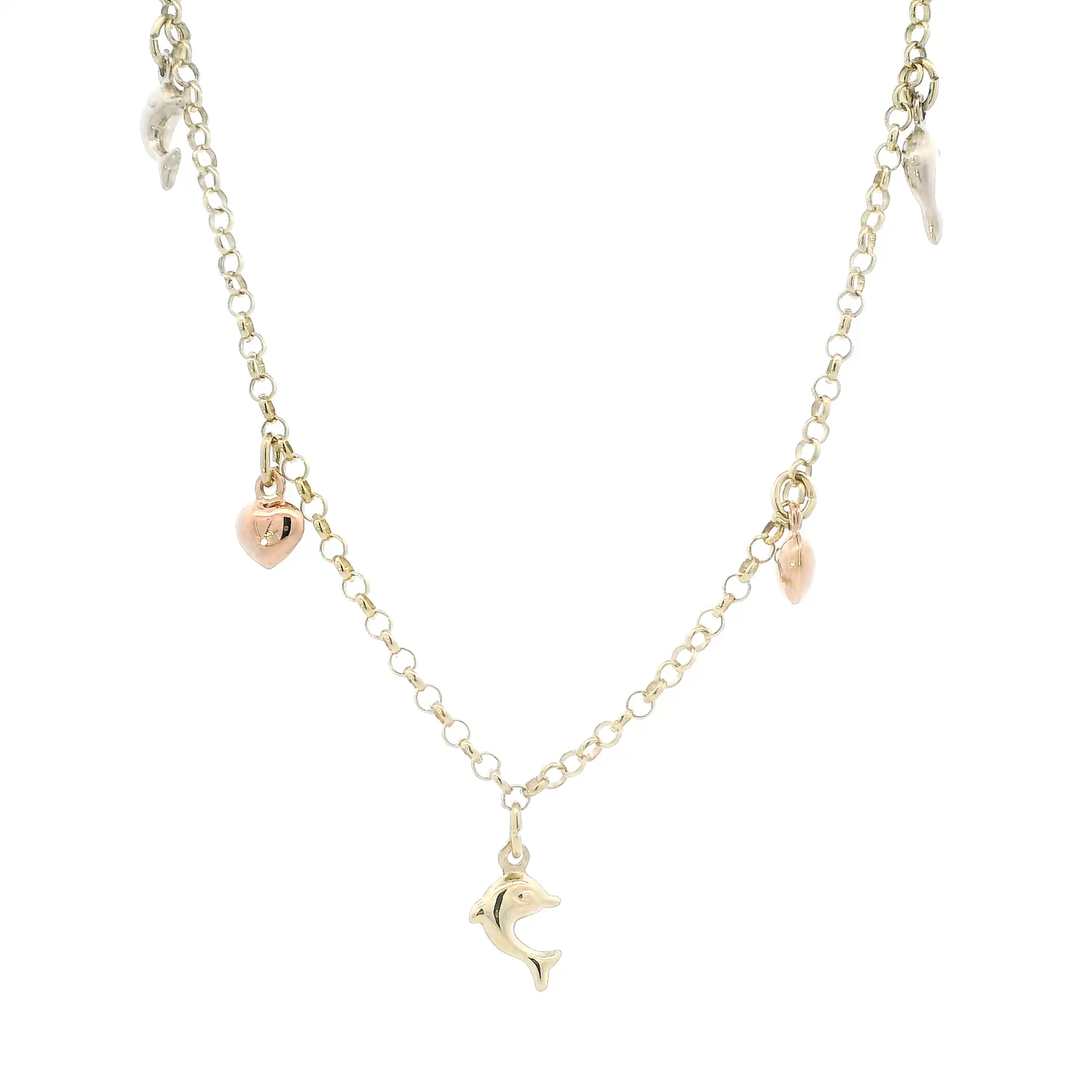 14K Yellow & Rose Gold 10" Dolphin & Heart Anklet