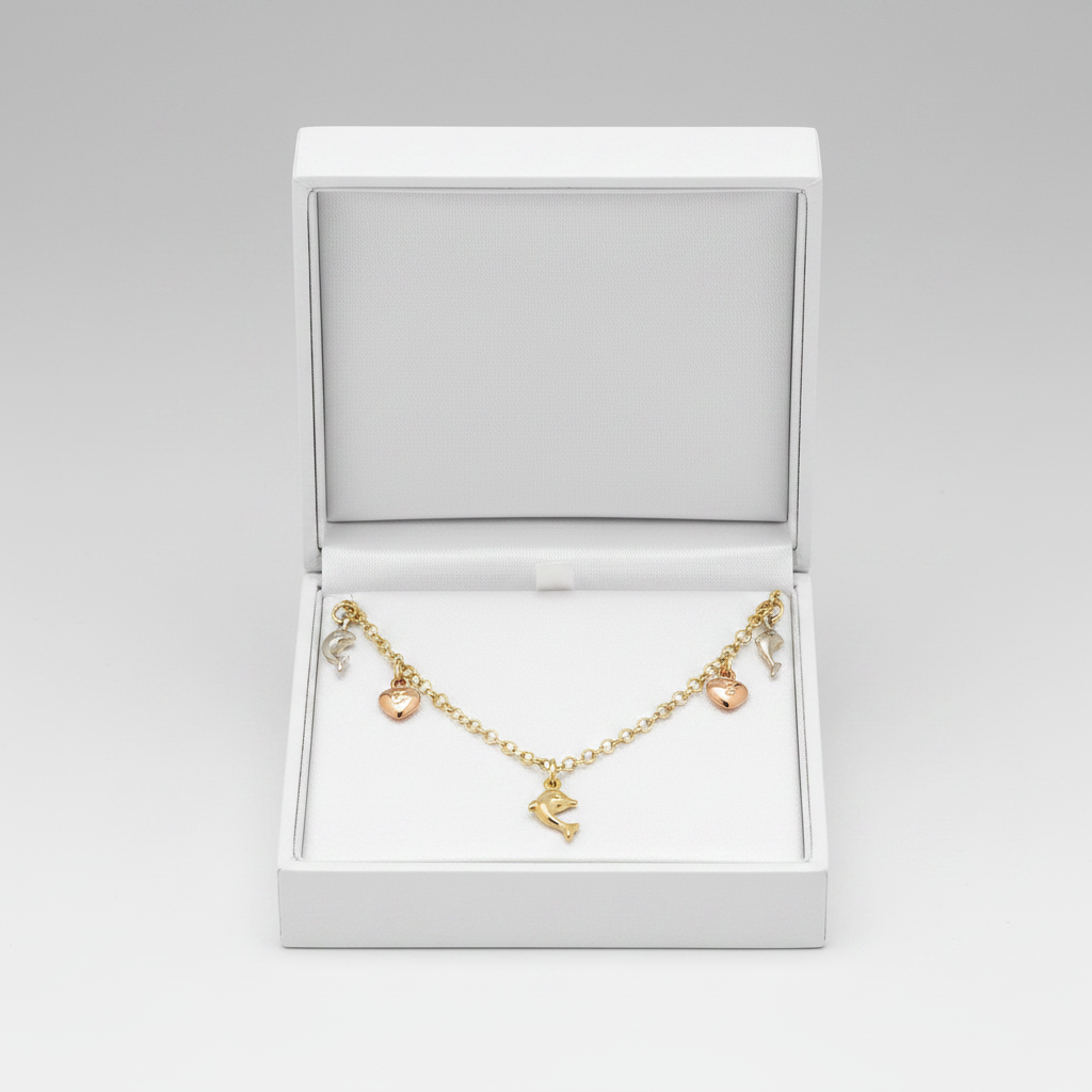 14K Yellow & Rose Gold 10" Dolphin & Heart Anklet
