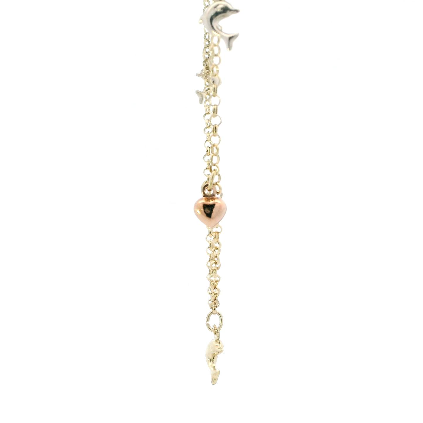 14K Yellow & Rose Gold 10" Dolphin & Heart Anklet