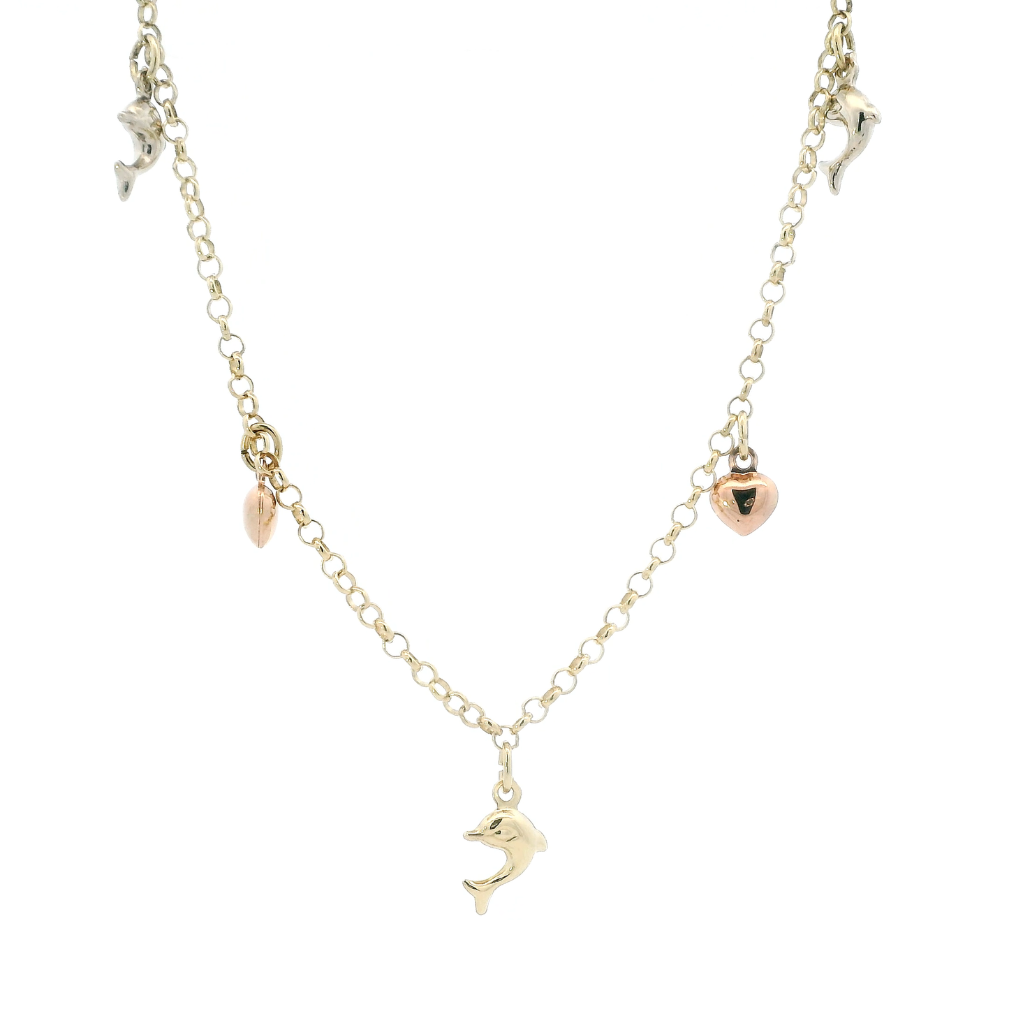 14K Yellow & Rose Gold 10" Dolphin & Heart Anklet