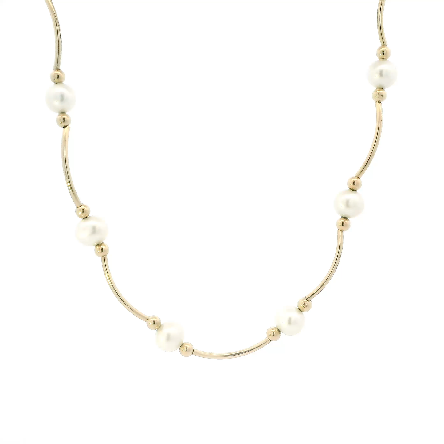 10K Yellow Gold 17" Pearls Tube Bar & Bead Necklace