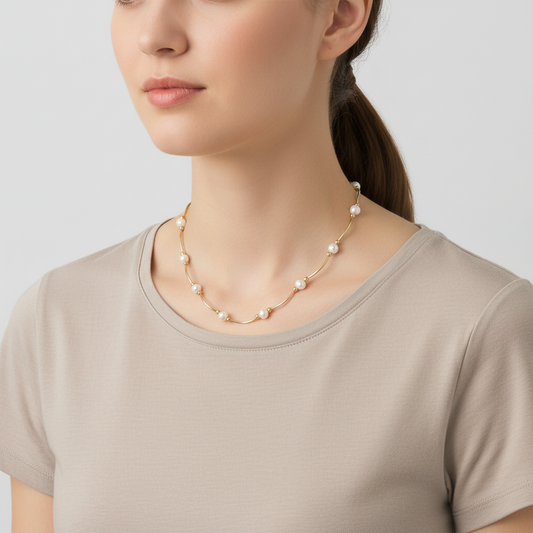 10K Yellow Gold 17" Pearls Tube Bar & Bead Necklace