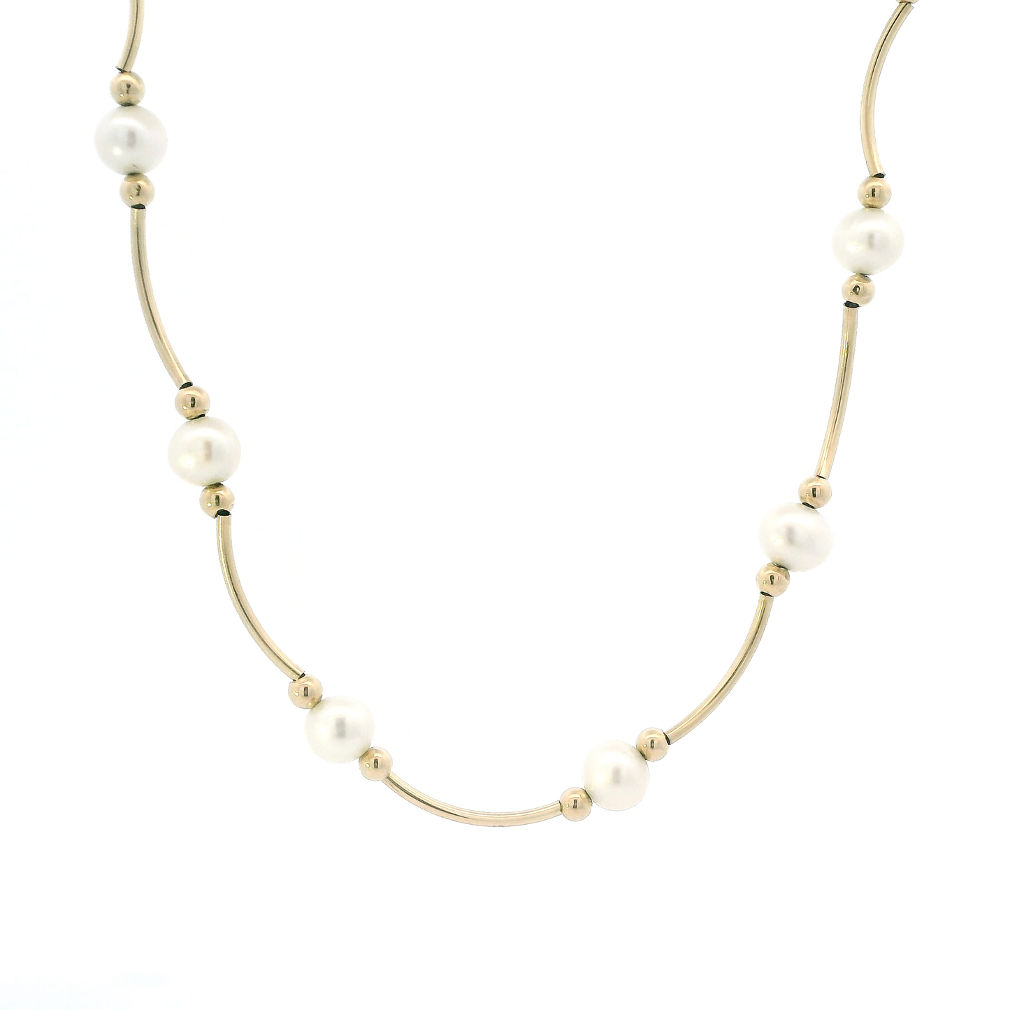 10K Yellow Gold 17" Pearls Tube Bar & Bead Necklace