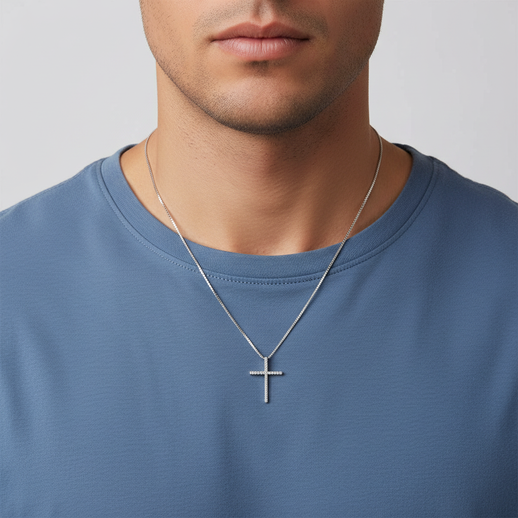 10K White Gold Diamond Cross Pendant & 24